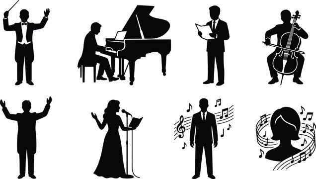 Classical music performer collection illustration, orchestra and vocal artist symbols, entertainment vector design set