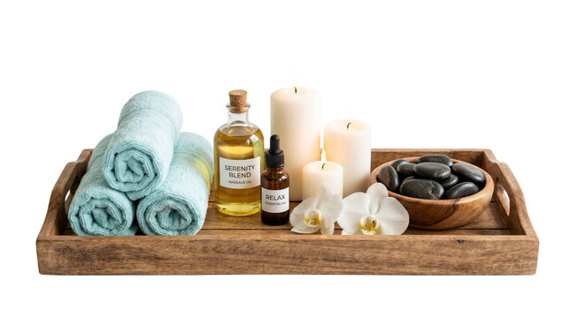 Spa Relaxation Tray with Towels, Oils, Candles, and Orchids &ndash; High‑Resolution Wellness Image Representing Calm, Self‑Care, and Tranquility for Beauty and Creative Projects