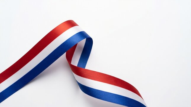 Dutch flag tricolor decorative satin ribbon curling across white background with copy space