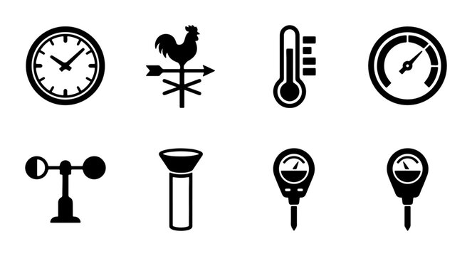 Weather Icons Set: Clock, Rooster Vane, Thermometer, Barometer, Anemometer, Light Meter, Soil Meter, 8 Vector Elements