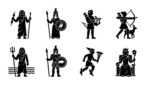 Greek Mythology Icons Set, Ancient Gods and Goddesses Vector Collection, Mythological Figures Silhouette Graphics