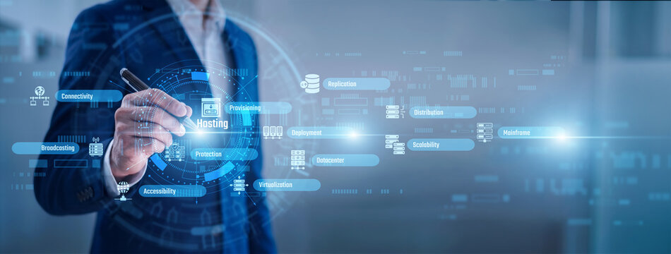 Web admin point of Hosting concept. Server infrastructure supports website accessibility. Reliable Hosting services ensure high performance and data security for online business platforms.