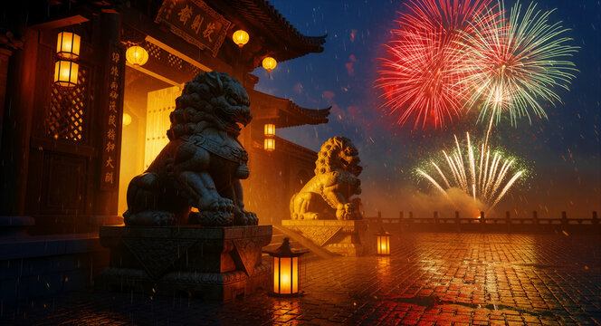 Chinese guardian lions in front of a temple with fireworks. Lanterns light the courtyard during a festive night. Lunar New Year celebration concept for travel and cultural marketing.