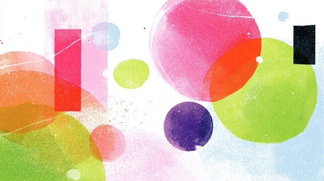 Scattered vivid circles and rectangles in risograph print style on white abstract summer background