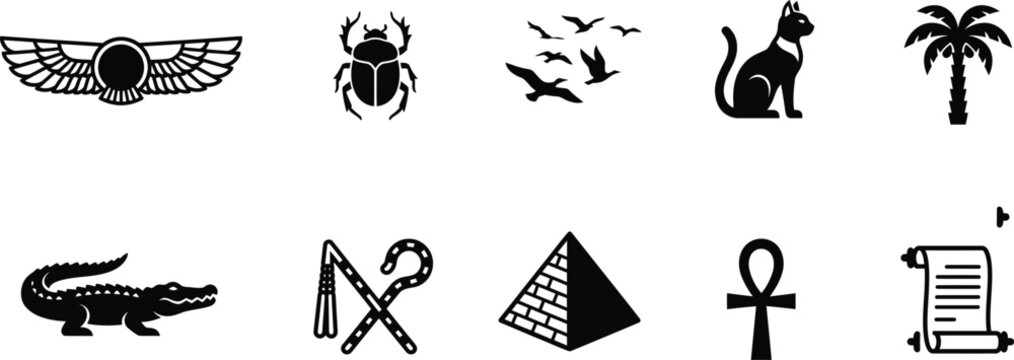 Ancient Egyptian Symbols and Landmarks Black Silhouette Icon Set