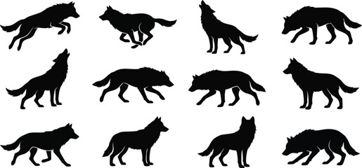 Obraz premium Wolf Silhouettes Set with Running Howling and Standing Poses
