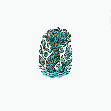 Mami Wata Mermaid Goddess Design With Flowing Teal Hair, Hand Mirror, Fish Tail And Ocean Wave Elements, Ideal For T‑Shirt Graphics, Beachwear And Mystical Apparel Vector Illustration