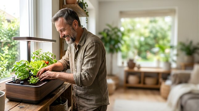 Mature man cultivating fresh herbs in an indoor smart garden system