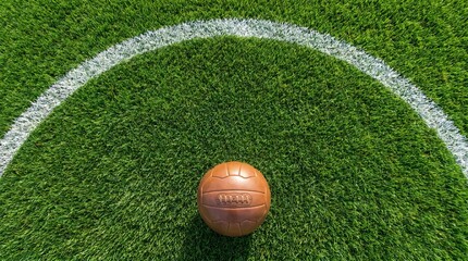 Top view of a realistic football on natural green grass pitch center