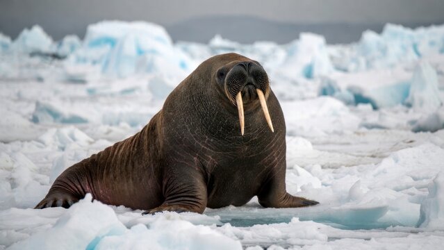 Walrus resting on ice floe amid glacial pack ice in arctic waters