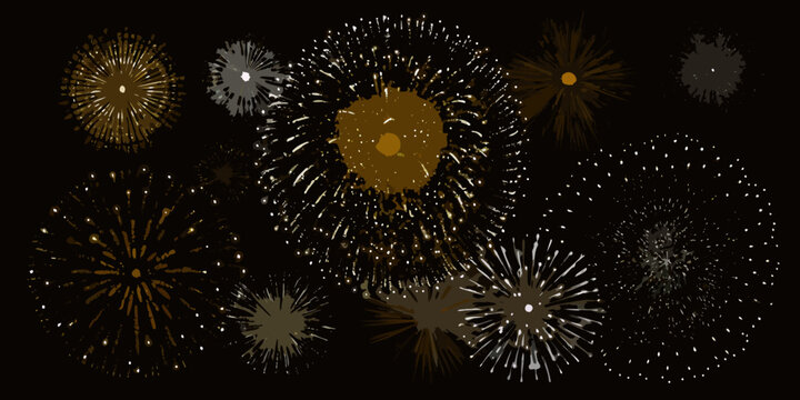 Cluster of realistic gold and white fireworks vector illustration with a dark background celebration