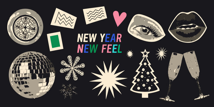 New year collage art featuring disco ball lips christmas tree and other festive elements