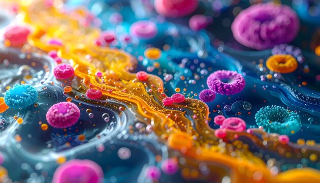 Abstract bacteria colonies, colorful microorganism growth, biotechnology scientific background