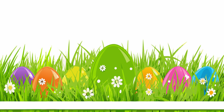 Colorful easter eggs amongst green grass and white daisies a vibrant vector illustration cartoon