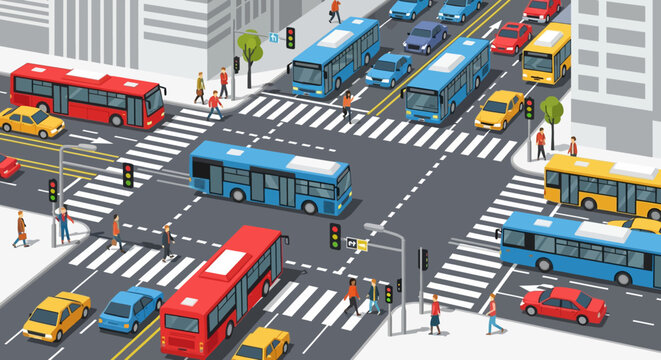 Busy City Intersection with Traffic and Pedestrians | Urban Commute