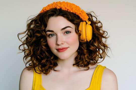 Young woman enjoying music with yellow headphones
