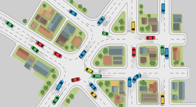 Busy traffic intersection with cars moving on roads, city planning, urban landscape