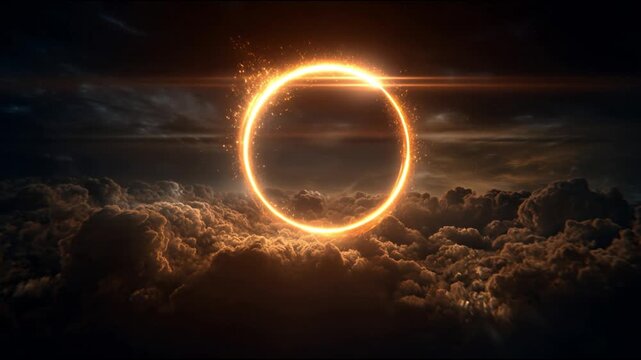 Cinematic annular solar eclipse with glowing golden ring of fire over a sea of dark dramatic clouds