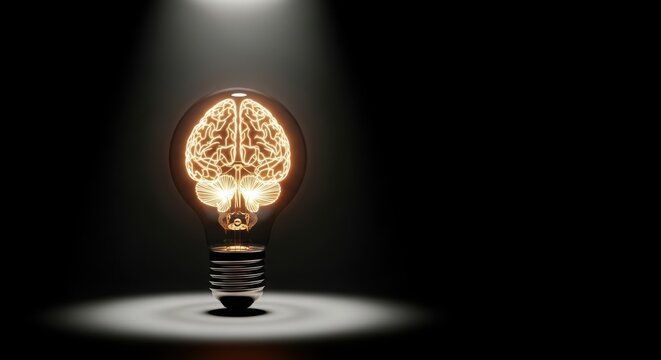 Illuminated Brain Light Bulb Symbolizing Ideas and Innovation.