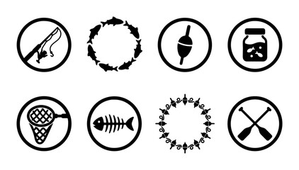 Fishing Icons Set, Circular Vector Graphics, Angling Equipment and Aquatic Life, Simple Black and White Illustrations for Outdoor Recreation © Taskin