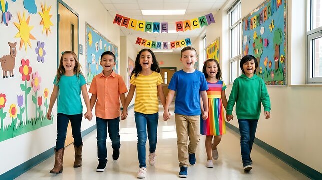 Group of diverse elementary school children holding hands and walking down a school hallway with colorful decorations and a welcome back banner