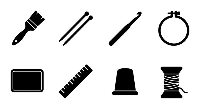 Crafting Tools Collection: Paintbrush, Knitting Needles, Crochet Hook, Hoop, Ruler, Thimble, Thread Spool, Sewing Supplies Vector Icons