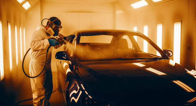 Professional painter in a protective suit spray painting a car inside a booth. Technician applying paint with precision in an auto body shop. Automotive repair and industrial service concept.