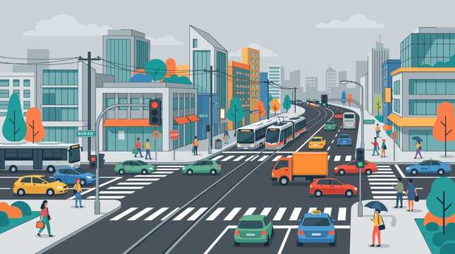 City illustration: busy street with cars, buses, trams, cityscape, traffic