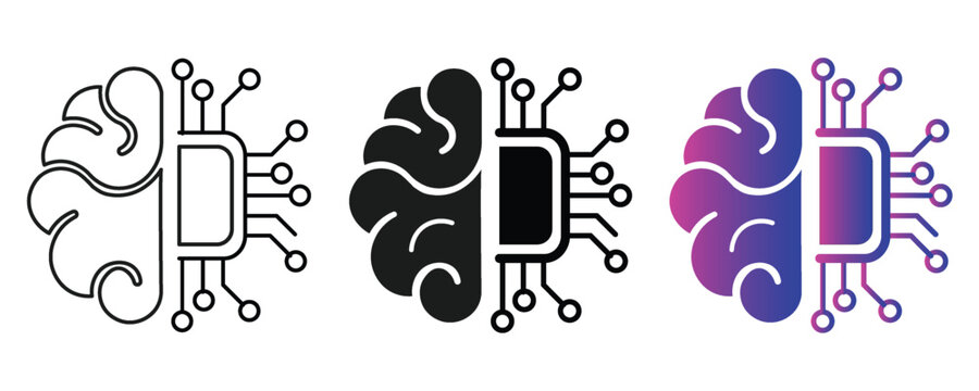 Artificial intelligence brain icon set neural network, digital mind, and microchip circuit logo in outline, solid, and gradient style