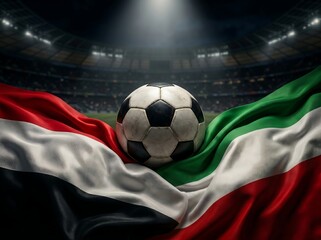 Naklejka premium Soccer ball resting on draped flags of yemen and kuwait in a stadium
