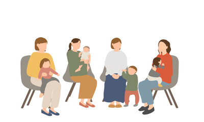 Obraz premium 子育て中の母親と子どもが集まる座談会のイラスト