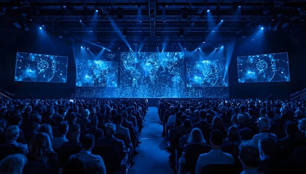 Large audience attending artificial intelligence summit conference with futuristic holographic stage and blue neon lighting environment