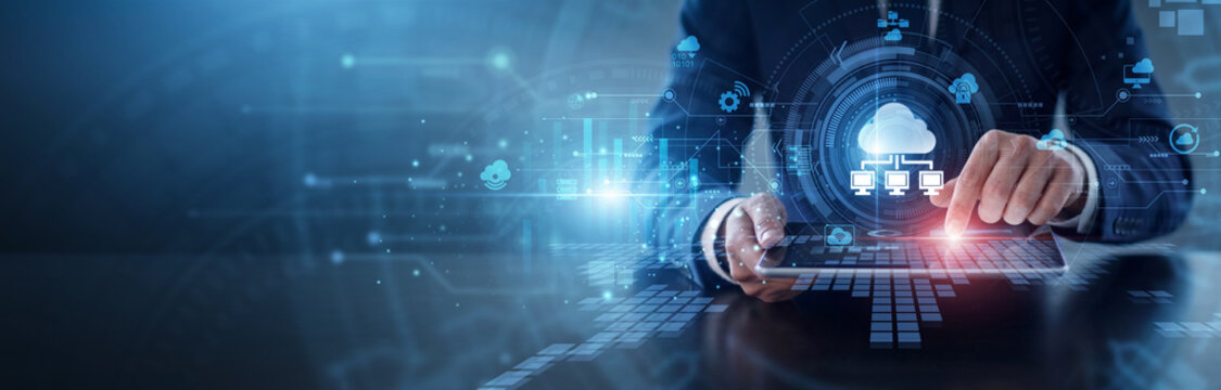 Cloud Computing services. Engineer using tablet to control cloud computing resources and virtual network storage. Scalable digital infrastructure and professional technology solutions.