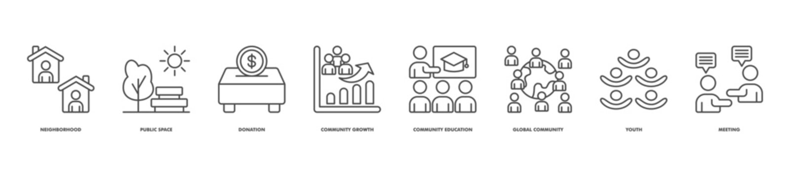 community development icon set collection in line style. icon set consist of neighborhood, public space, donation, community growth, community education, global community, youth, meeting