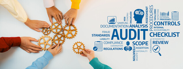 Obraz premium Hands Collaborating on Audit Process with Gears and Key Terms for Workflow, Review, and Analysis in Business Environment. Amity