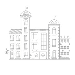 Fototapeta premium lack and white line art illustration of a whimsical city skyline row of buildings with varying heights, sloped roofs, tall towers with flags, and numerous windows, designed in a cartoon coloring book 
