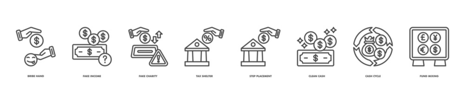 financial manipulation icon set collection in line style. icon set consist of bride hand, fake income, fake charity, tax shelter, step placement, clean cash, cash cycle, fund mixing