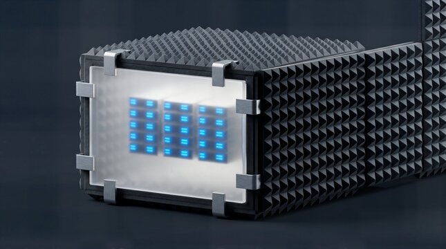 Soundproof foam enclosure with a translucent front panel revealing glowing blue server racks inside
