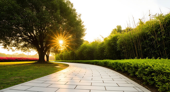 Walking path in park with green trees and sunburst through foliage sunlight landscape outdoors sunburst pavement relaxation peaceful beautiful environment