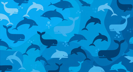 Naklejka premium Seamless pattern featuring whale and dolphin silhouettes swimming in a blue ocean. Minimalist flat vector illustration with aquatic mammals and bubbles. Ideal for nursery wallpaper and fabric prints.