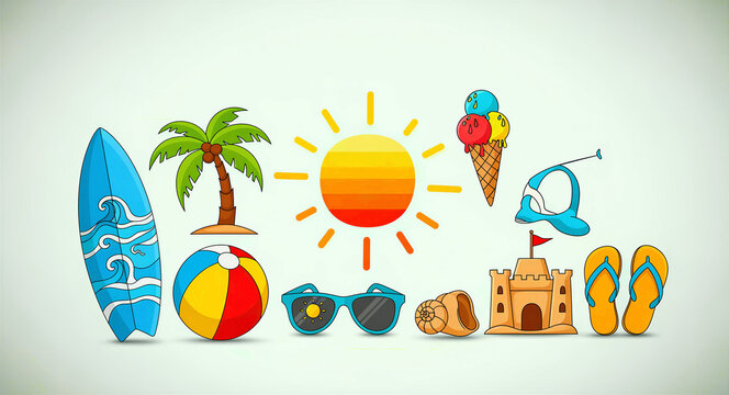 Summer beach icon set with surfboard, palm tree, and sun. Cartoon holiday graphics like flip-flops and ice cream. Tropical travel concept for tourism ads and seasonal web design.