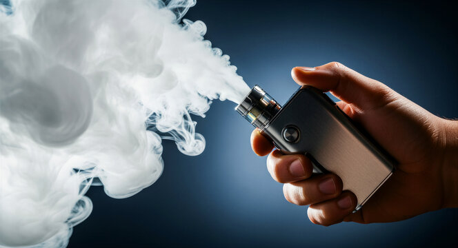 Hand holding a silver electronic cigarette emitting thick white vapor clouds against a blue background. Close-up of a modern vape mod device. Smoking alternative concept for health awareness.