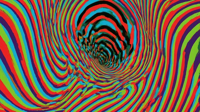 Psychedelic tunnel of vibrant, warped stripes creates a disorienting optical illusion