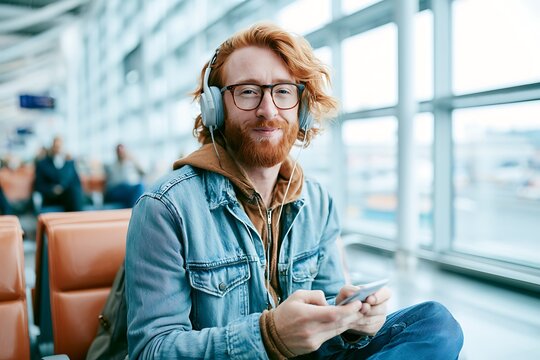 Redhead man listening music at airport terminal