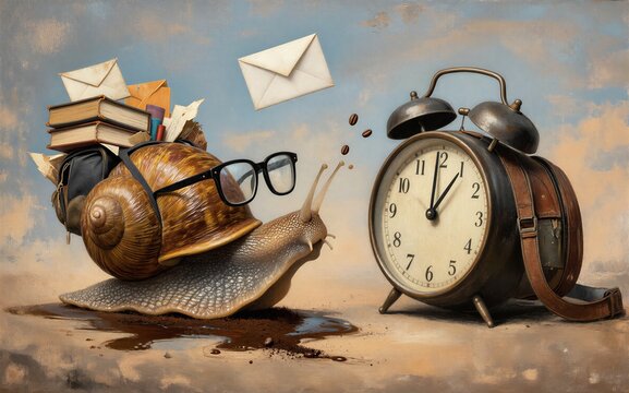 Snail with glasses and books faces alarm clock, symbolizing slow pace vs. time pressure.