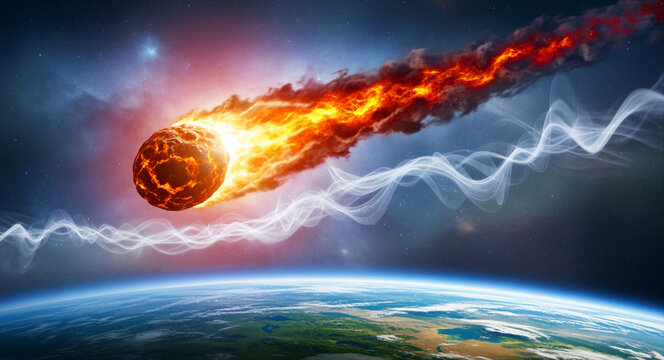 Fiery asteroid falling through the atmosphere towards planet Earth. Burning meteoroid trailing fire and smoke across space. Armageddon concept ideal for science fiction and disaster marketing.