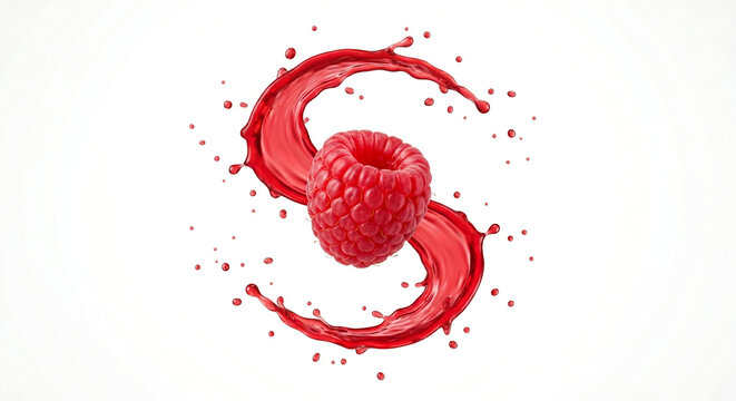 Distant shot of a raspberry with a simple S-shaped red juice splash behind it