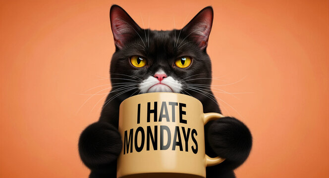 Grumpy black cat holding a mug with I Hate Mondays text. Tuxedo cat with an annoyed expression on orange background. Funny office humor concept for social media and morning stress.