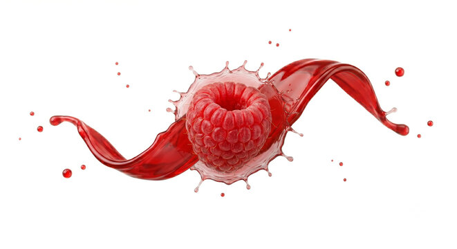 Distant shot of a raspberry with a simple S-shaped red juice splash behind it