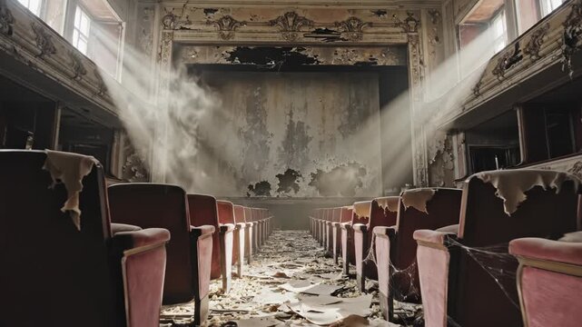 Interior of a derelict cinema theater featuring rows of torn velvet seats, floor debris, a crumbling screen, and dramatic volumetric light rays with floating dust particles.